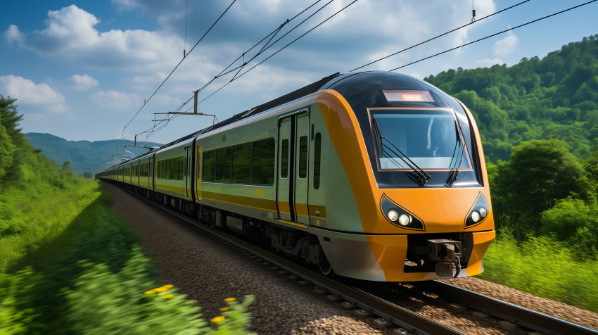 Yellow Passenger Train in Motion