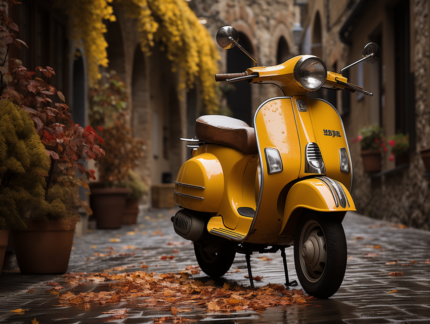 Yellow Vintage Scooter on Autumn Street