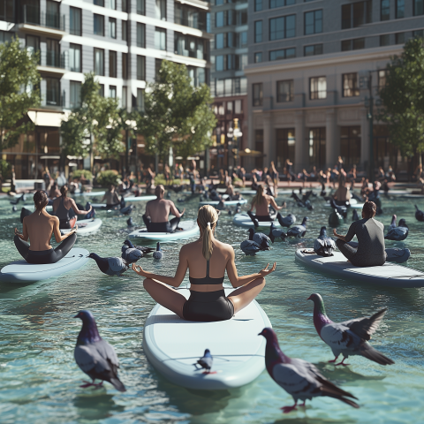 Yoga on Paddleboards with Pigeons in Urban Fountain