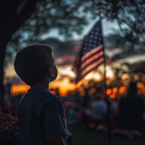 Young Boy Gazing at American Flag