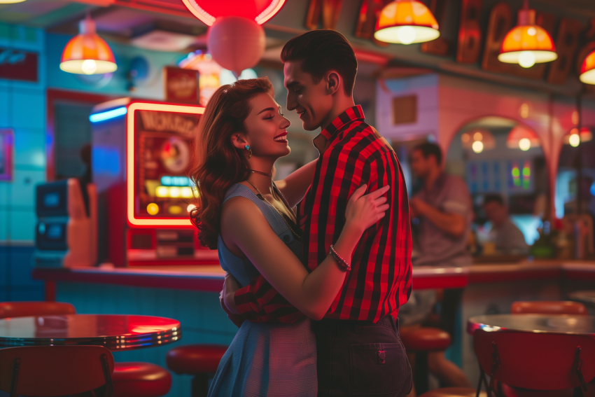 Young Couple Embracing in Retro Diner