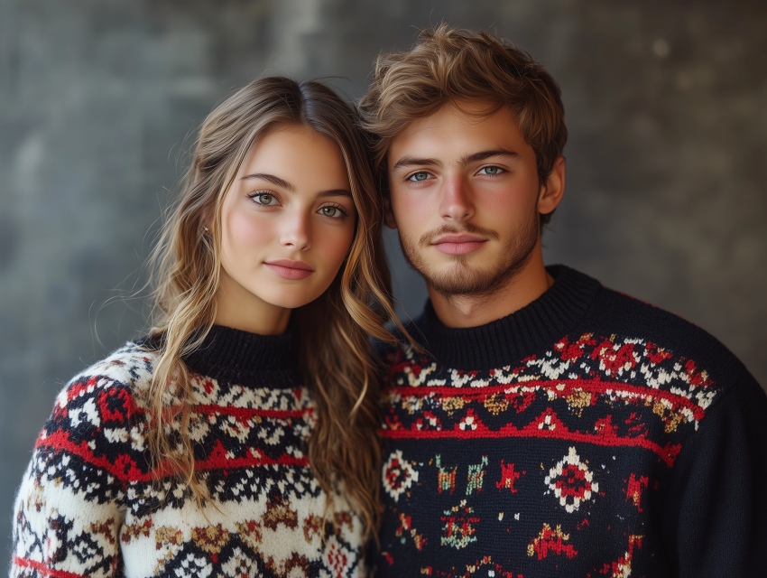 Young Couple in Festive Sweaters