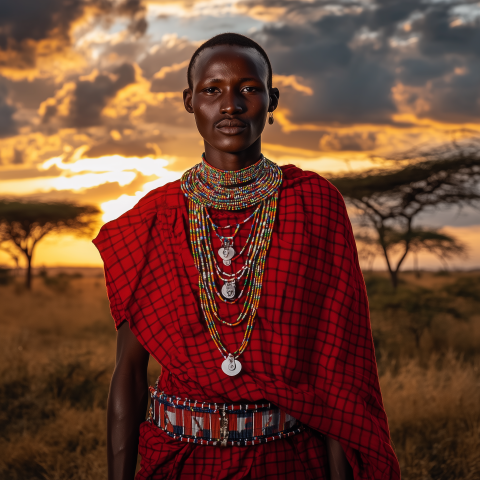 Young Maasai Warrior at Sunset in Savannah