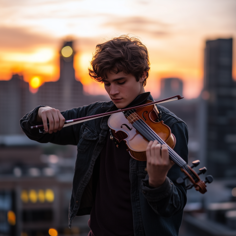 Young Man Playing Violin at Sunset