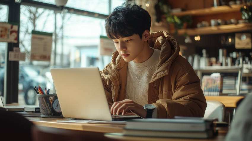 Young Man Studying on Laptop in Café