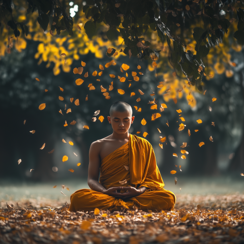 Young Monk Meditating Under Falling Leaves