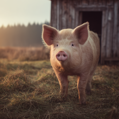 Young Pig Standing on Farm Field