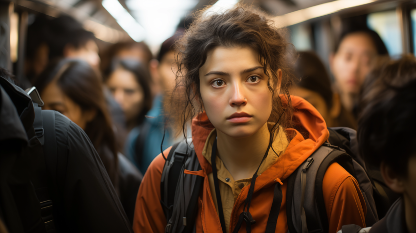Young Woman in a Packed Subway