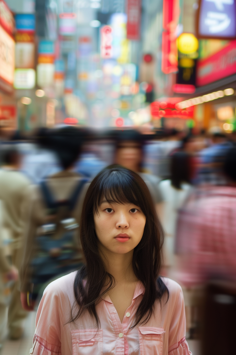 Young Woman in Bustling City Street