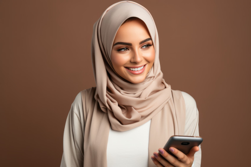 Young woman wearing a hijab holding a mobile phone