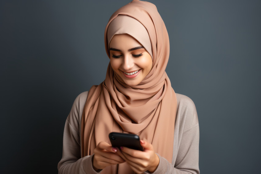 Young woman wearing a hijab holding a mobile phone