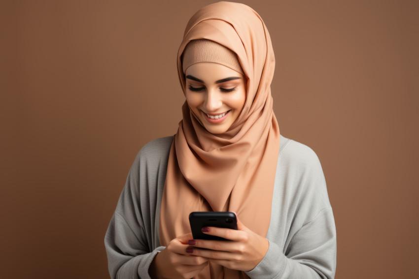 Young woman wearing a hijab holding a mobile phone