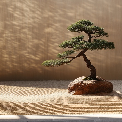 Zen Garden with Bonsai on Rock