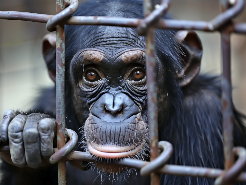 Sad chimpanzee in a cage