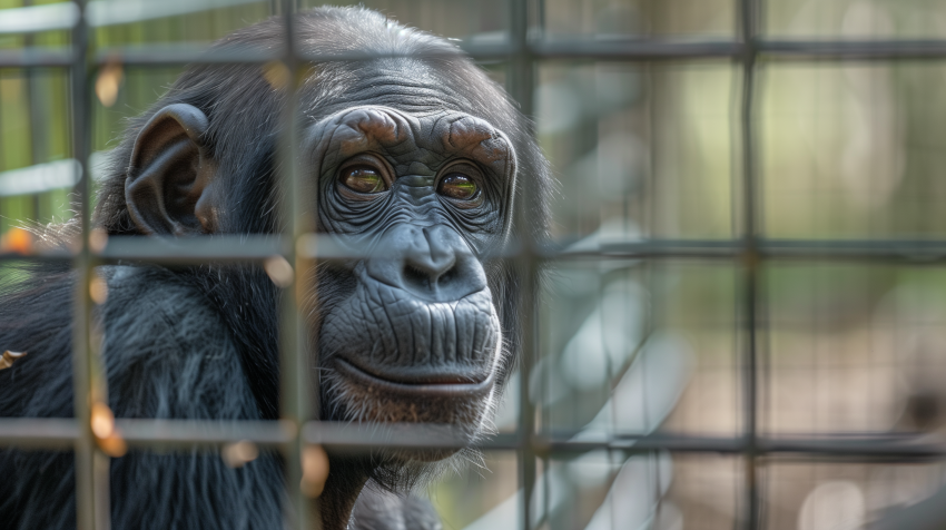 Sad chimpanzee in a cage